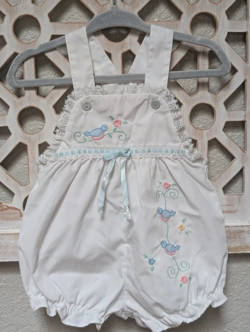 Vintage baby girl summer bubble romper 3-6 mos blue embroidered birds floral
